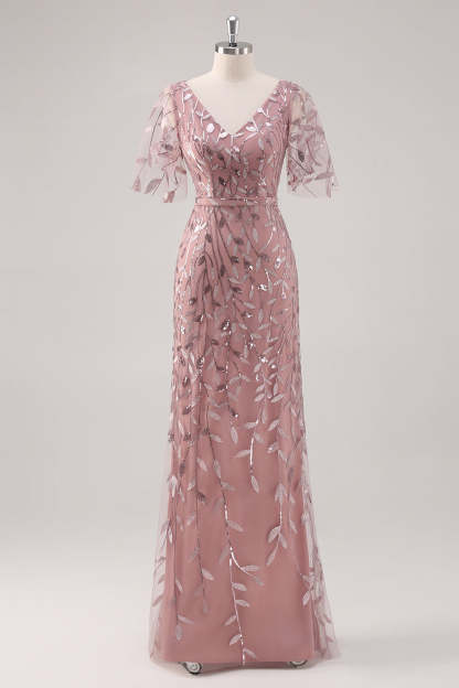 Leely Women Dusty Rose V Neck Sheath Mother of the Bride Dress Short Sleeves Sequin Embroidery Wedding Guest Dress