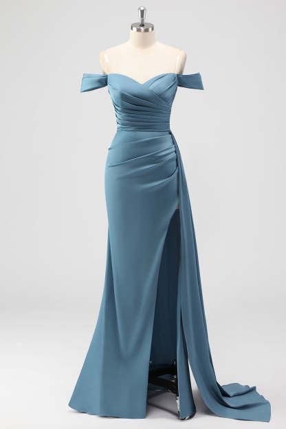 Leely Women Dusty Blue Mermaid Side Cape Bridesmaid Dress with Slit Off the Shoulder Ruched Long Wedding Guest Dress
