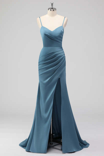 Leely Women Dusty Blue Mermaid Bridesmaid Dress with Slit Spaghetti Straps Ruched Long Wedding Guest Dress