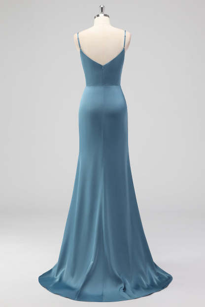 Spaghetti Straps Dusty Blue Mermaid Ruched Bridesmaid Dress with Slit