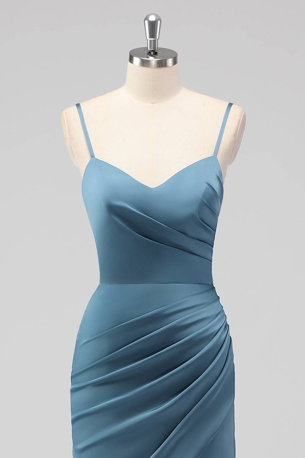 Spaghetti Straps Dusty Blue Mermaid Ruched Bridesmaid Dress with Slit