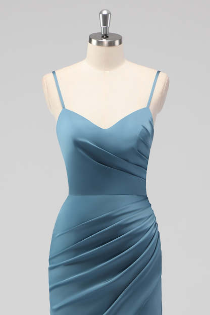 Spaghetti Straps Dusty Blue Mermaid Ruched Bridesmaid Dress with Slit