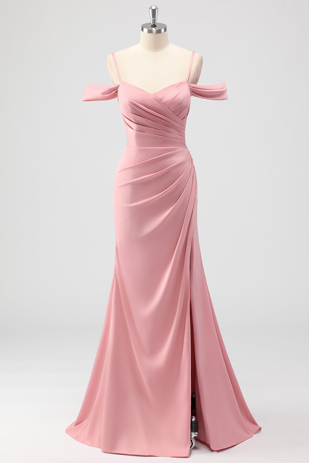 Leely Women Blush Mermaid Ruched Bridesmaid Dress with Slit Satin Cold Shoulder Long Wedding Guest Dress