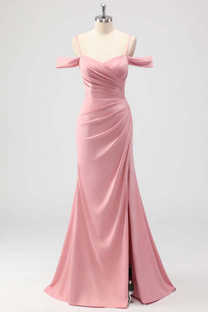 Leely Women Blush Mermaid Ruched Bridesmaid Dress with Slit Satin Cold Shoulder Long Wedding Guest Dress
