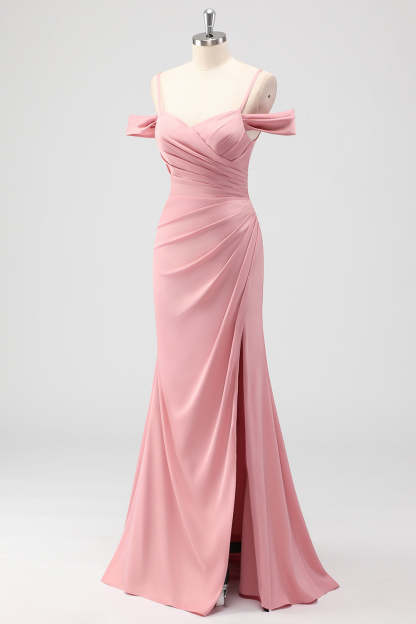 Blush Cold Shoulder Mermaid Ruched Bridesmaid Dress with Slit