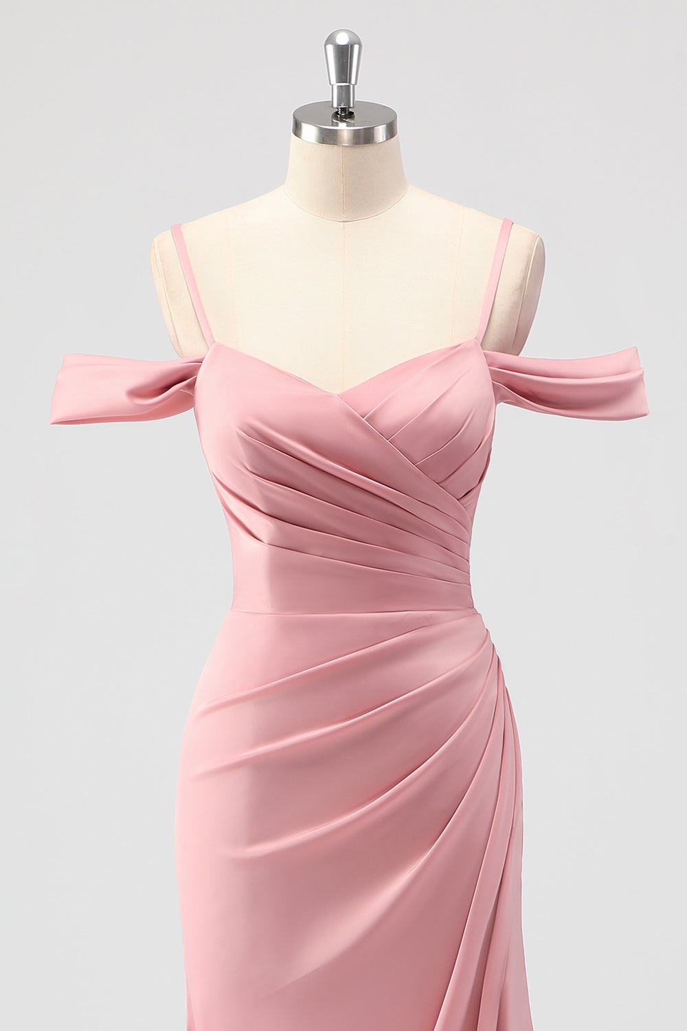 Blush Cold Shoulder Mermaid Ruched Bridesmaid Dress with Slit