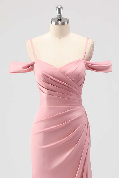 Blush Cold Shoulder Mermaid Ruched Bridesmaid Dress with Slit