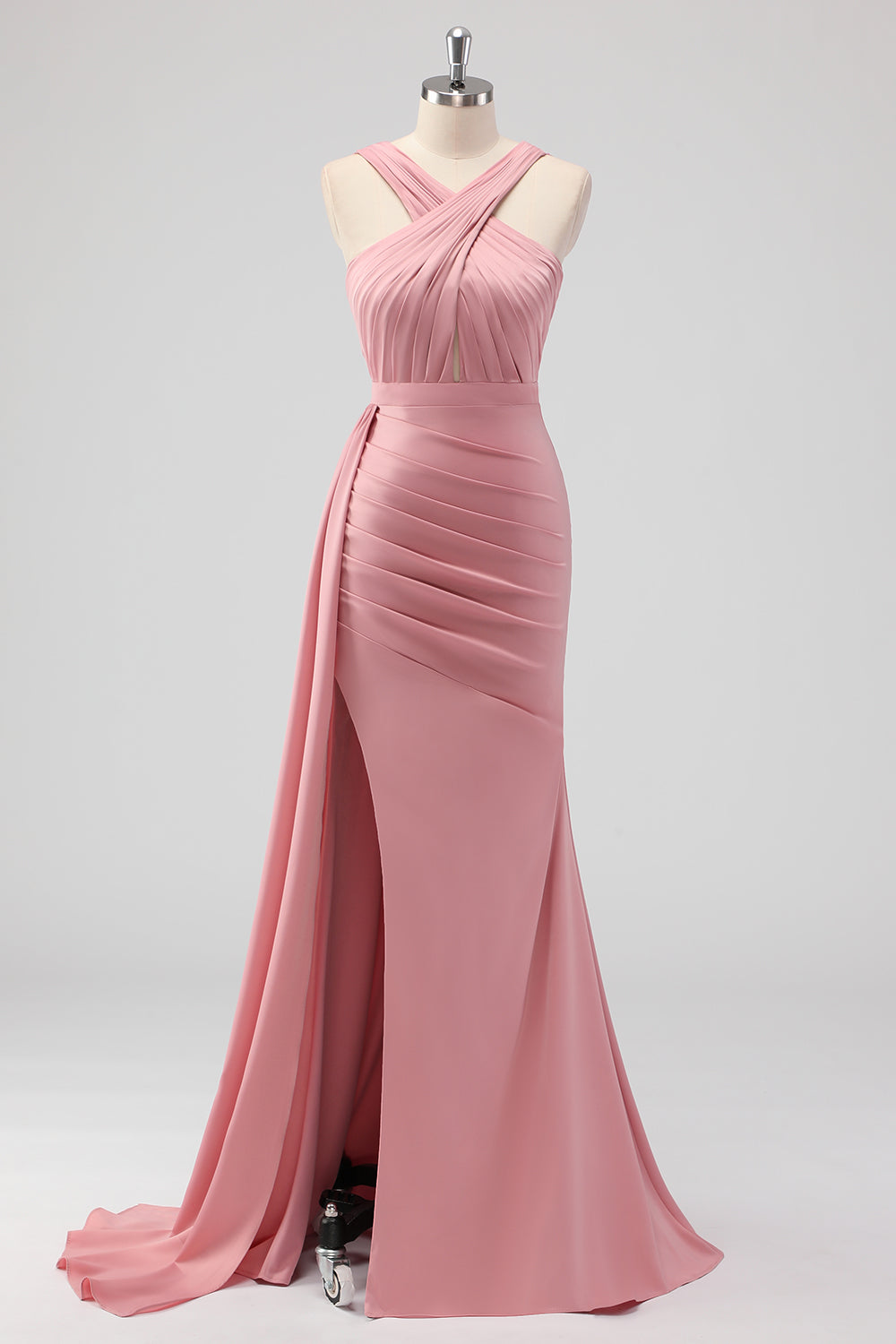 Leely Women Blush Halter Mermaid Ruched Side Cape Bridesmaid Dress with Slit Satin Keyhole Long Wedding Guest Dress