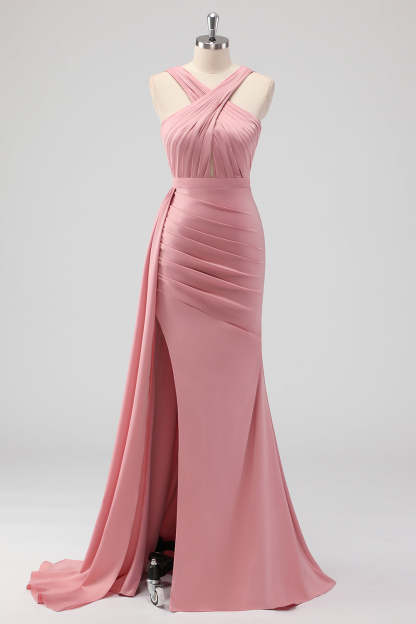 Leely Women Blush Halter Mermaid Ruched Side Cape Bridesmaid Dress with Slit Satin Keyhole Long Wedding Guest Dress