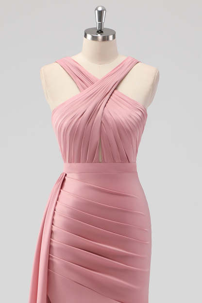Blush Halter Mermaid Ruched Side Cape Bridesmaid Dress with Slit