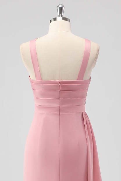 Blush Halter Mermaid Ruched Side Cape Bridesmaid Dress with Slit