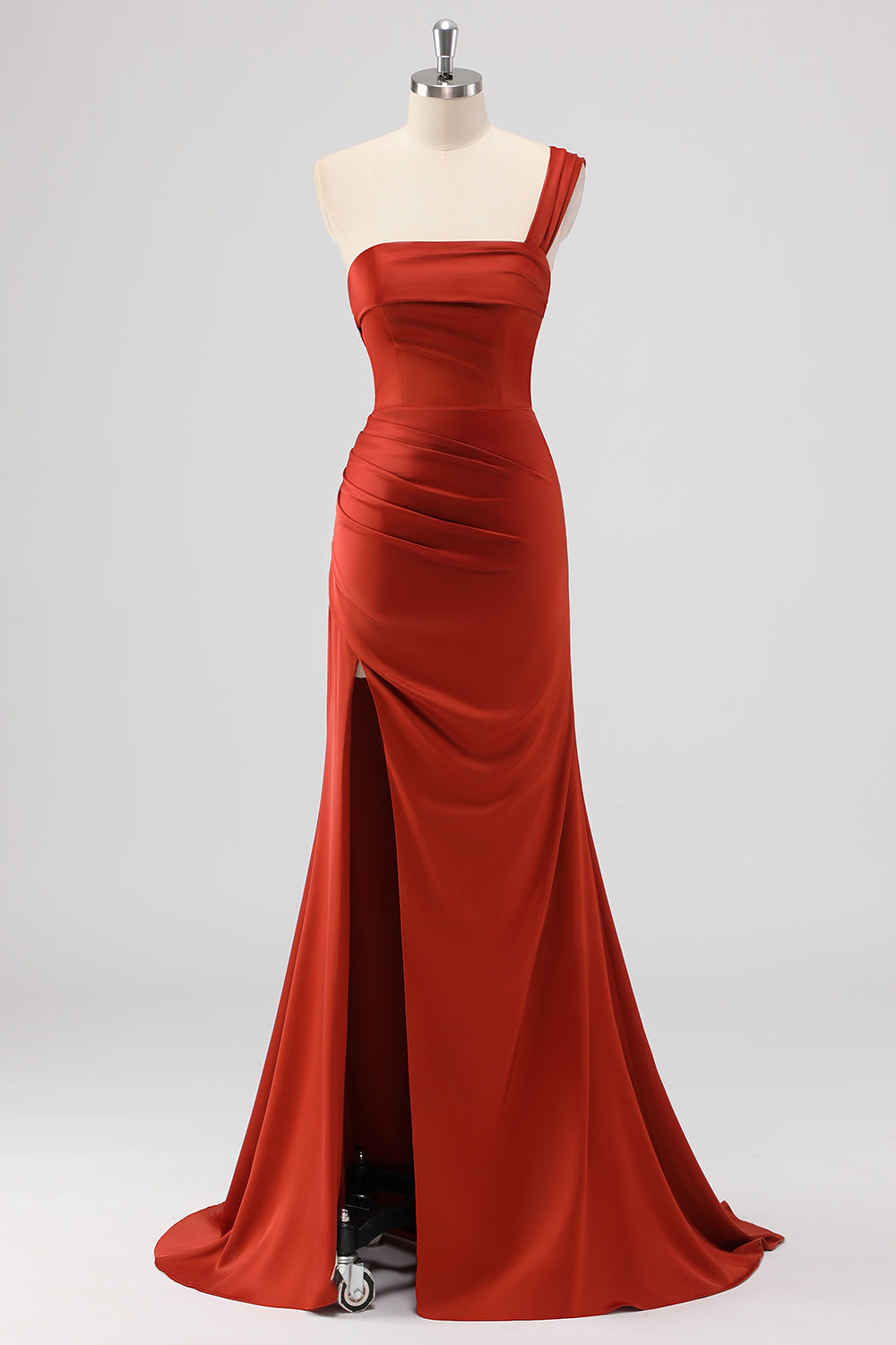 Leely Women Rust One Shoulder Mermaid Bridesmaid Dress with Slit Satin Long Wedding Guest Dress