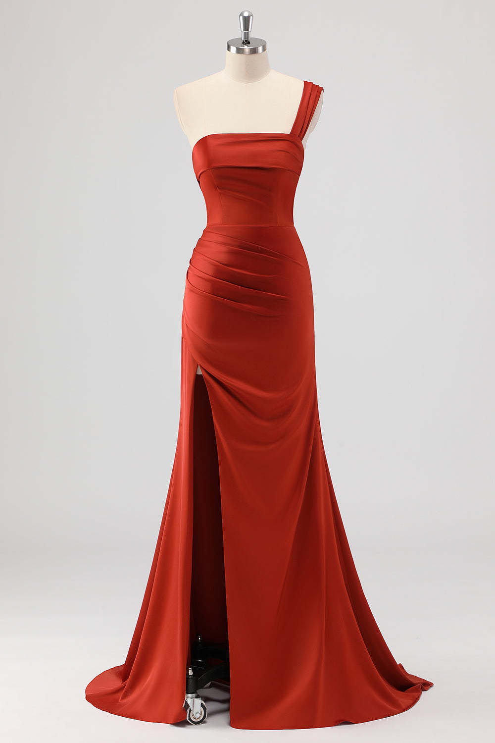 Leely Women Rust One Shoulder Mermaid Bridesmaid Dress with Slit Satin Long Wedding Guest Dress