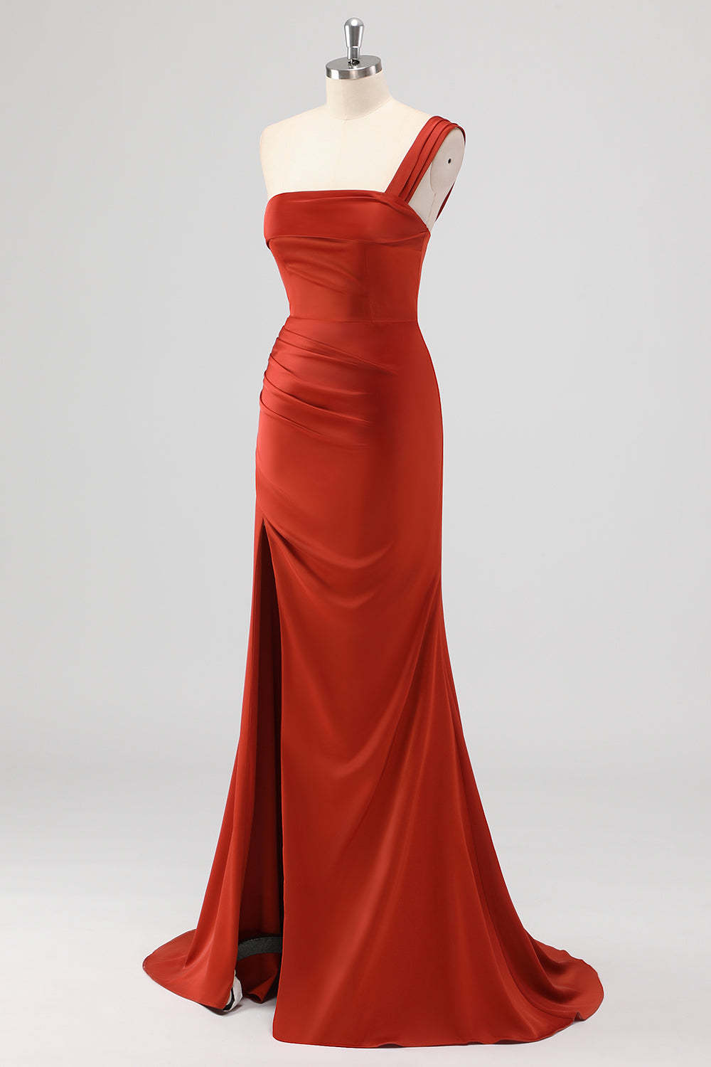 Rust One Shoulder Mermaid Satin Bridesmaid Dress with Slit