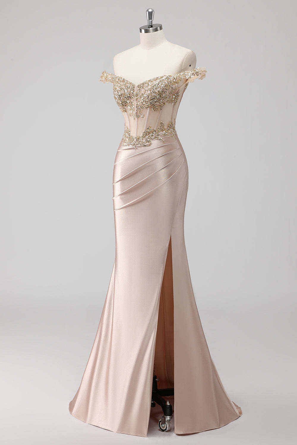Sparkly Champagne Off the Shoulder Corset Prom Dress with Slit