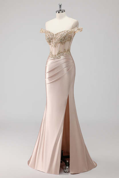 Sparkly Champagne Off the Shoulder Corset Prom Dress with Slit