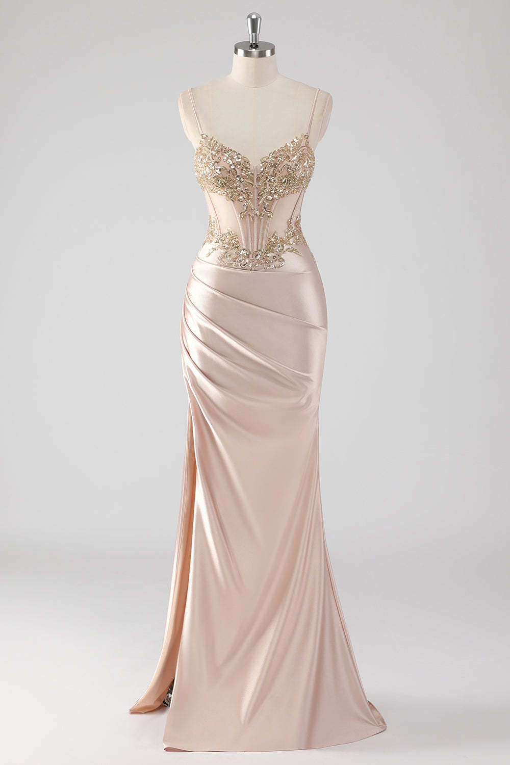 Leely Women Sparkly Sheath Corset Prom Dress Champagne Appliques Slit Long Formal Dress