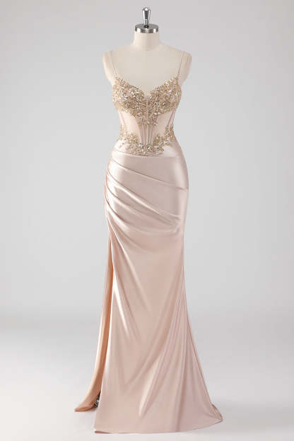 Leely Women Sparkly Sheath Corset Prom Dress Champagne Appliques Slit Long Formal Dress