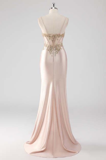 Sparkly Champagne Corset Sheath Prom Dress with Slit