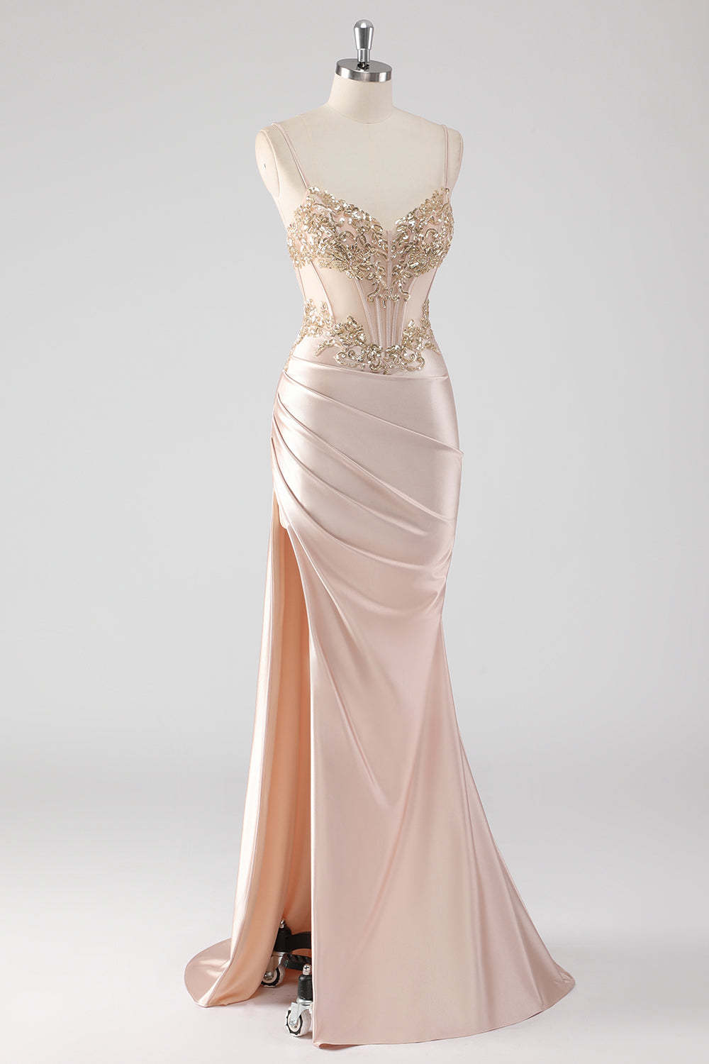 Sparkly Champagne Corset Sheath Prom Dress with Slit