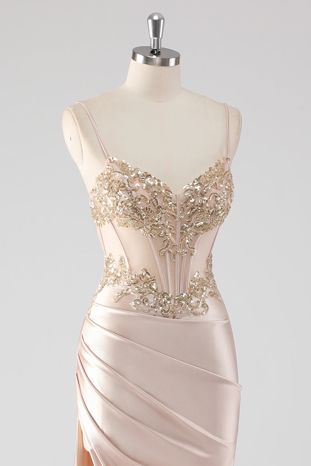 Sparkly Champagne Corset Sheath Prom Dress with Slit