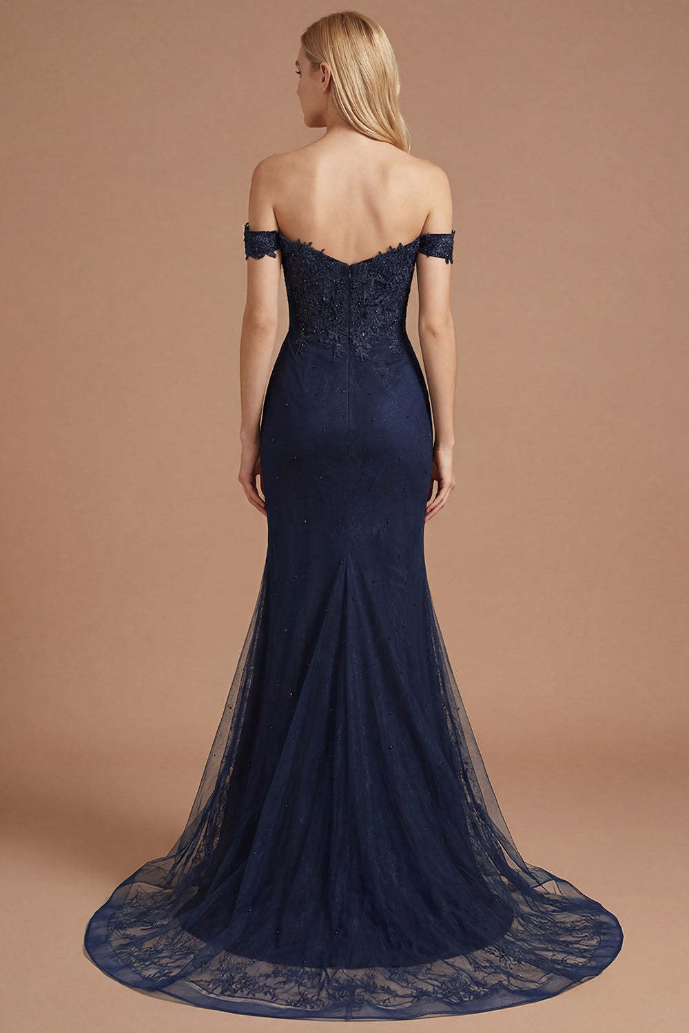 Sparkly Navy Mermaid Off the Shoulder Long Prom Dress with Beading