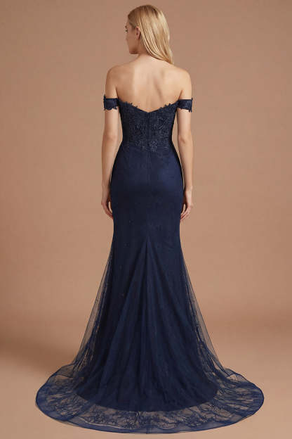 Sparkly Navy Mermaid Off the Shoulder Long Prom Dress with Beading