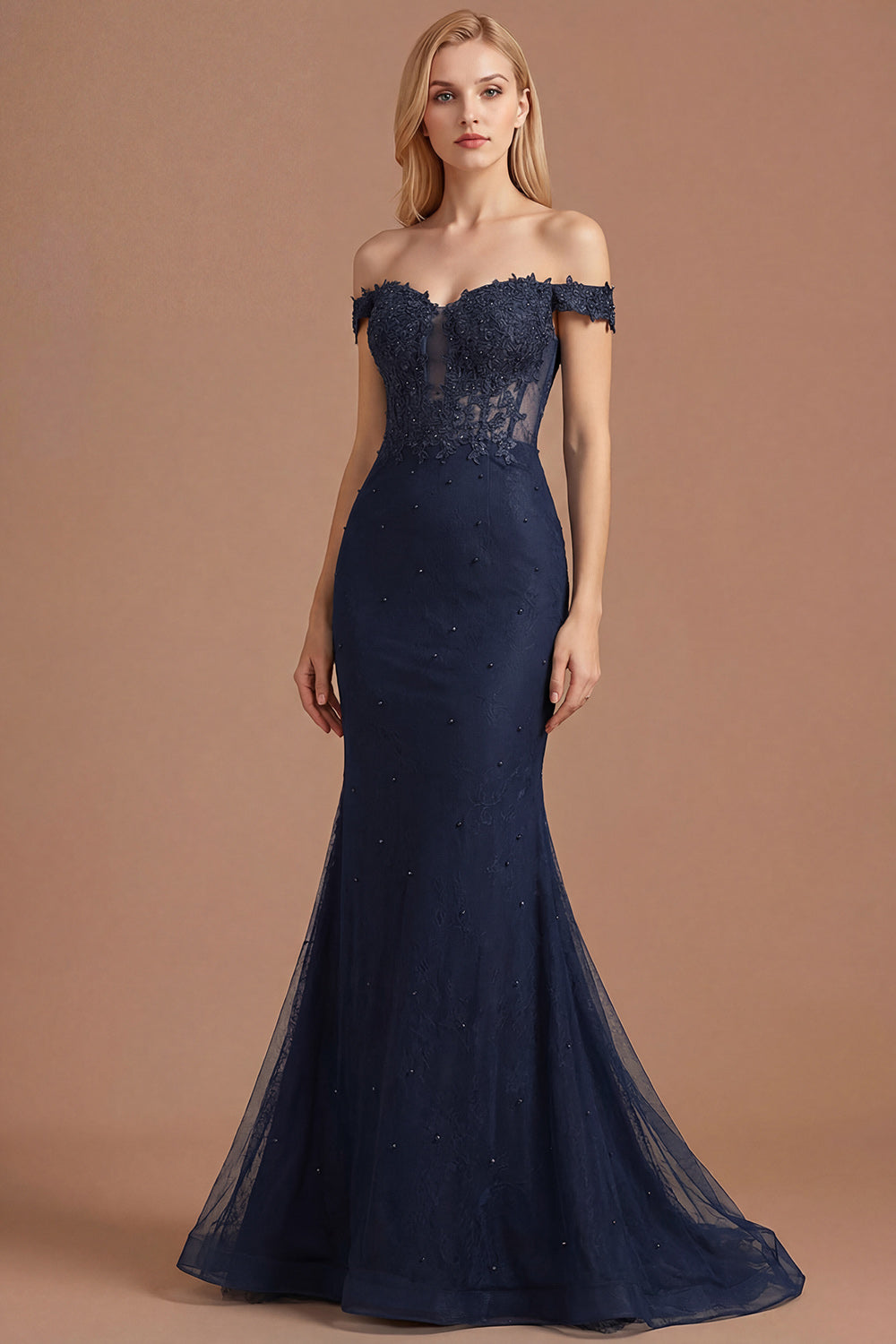 Leely Women Sparkly Navy Mermaid Long Prom Dress with Beading Appliqued Backless Off the Shoulder Evening Dress