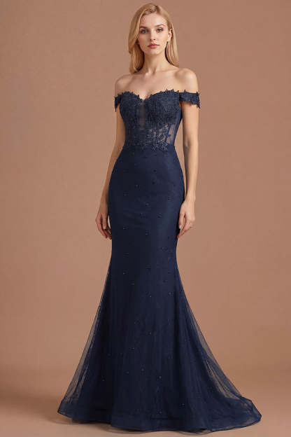 Leely Women Sparkly Navy Mermaid Long Prom Dress with Beading Appliqued Backless Off the Shoulder Evening Dress