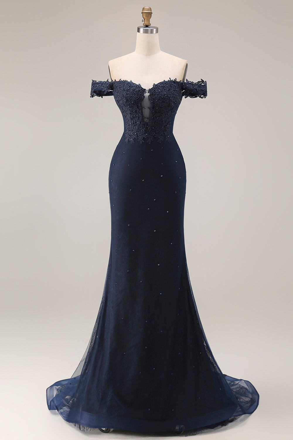 Sparkly Navy Mermaid Off the Shoulder Long Prom Dress with Beading