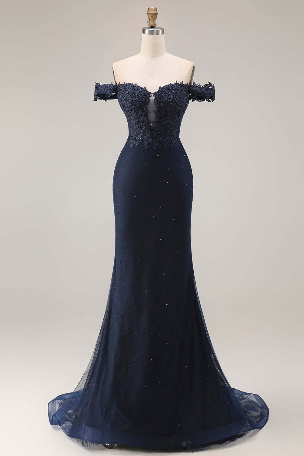 Sparkly Navy Mermaid Off the Shoulder Long Prom Dress with Beading