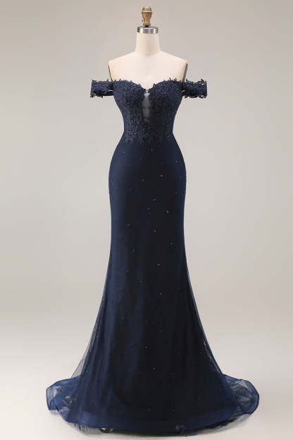 Sparkly Navy Mermaid Off the Shoulder Long Prom Dress with Beading