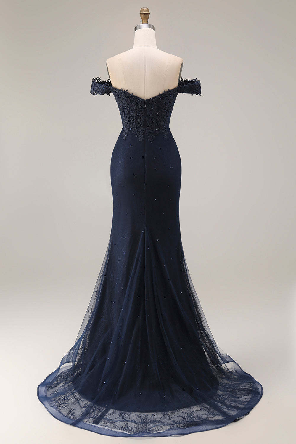 Sparkly Navy Mermaid Off the Shoulder Long Prom Dress with Beading