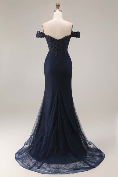 Sparkly Navy Mermaid Off the Shoulder Long Prom Dress with Beading