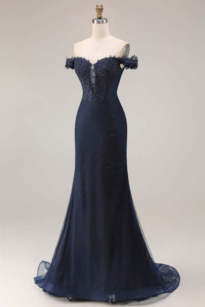 Sparkly Navy Mermaid Off the Shoulder Long Prom Dress with Beading