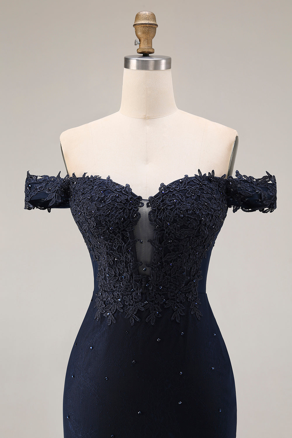 Sparkly Navy Mermaid Off the Shoulder Long Prom Dress with Beading