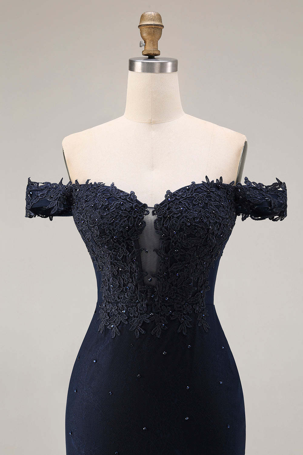 Sparkly Navy Mermaid Off the Shoulder Long Prom Dress with Beading