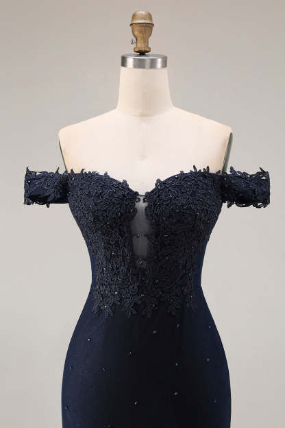 Sparkly Navy Mermaid Off the Shoulder Long Prom Dress with Beading