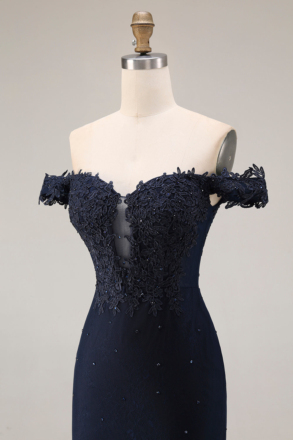 Sparkly Navy Mermaid Off the Shoulder Long Prom Dress with Beading