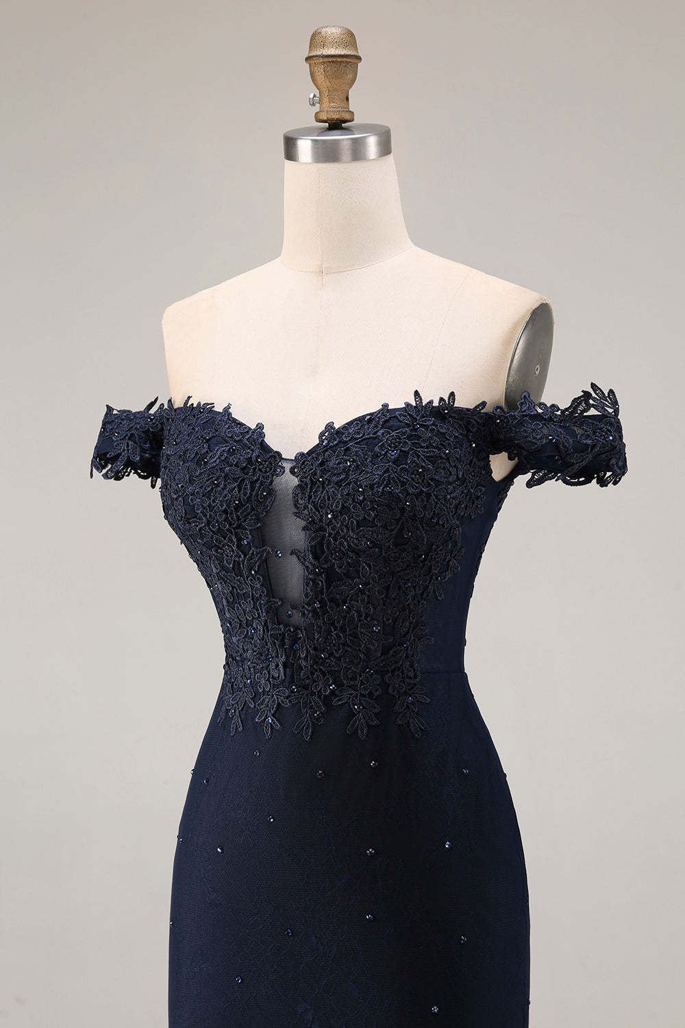 Sparkly Navy Mermaid Off the Shoulder Long Prom Dress with Beading