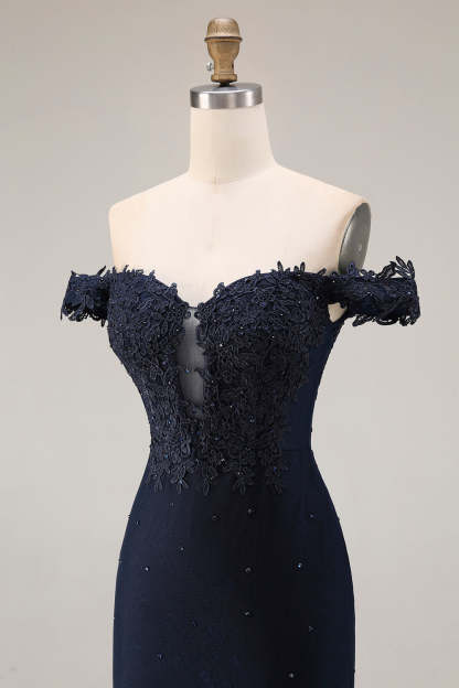 Sparkly Navy Mermaid Off the Shoulder Long Prom Dress with Beading