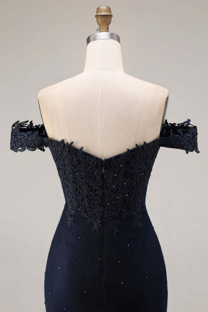 Sparkly Navy Mermaid Off the Shoulder Long Prom Dress with Beading