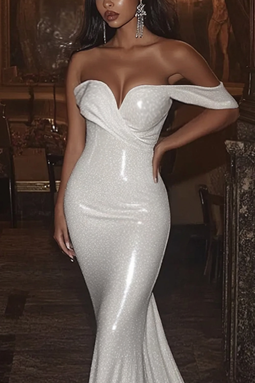 Ivory Off the Shoulder Sheath Court Train Wedding Dress