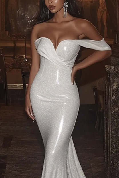 Ivory Off the Shoulder Sheath Court Train Wedding Dress