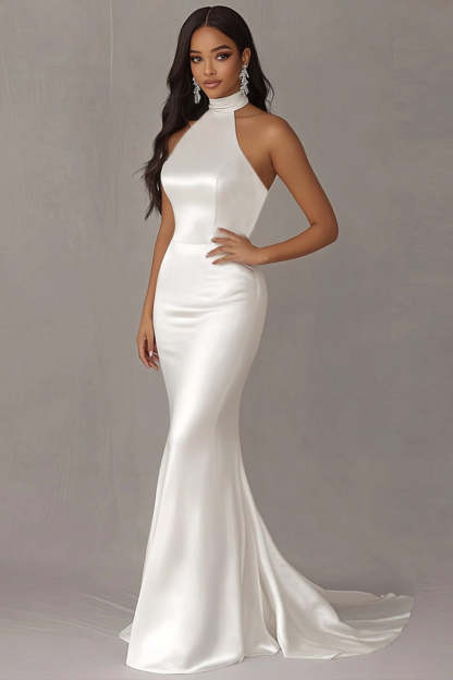 Leely Women Ivory Halter Mermaid Wedding Dress Stretch Satin Court Train Bridal Dress