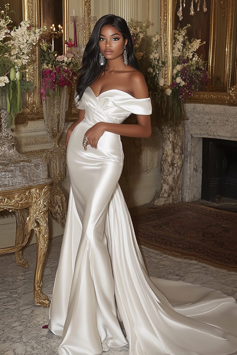 Leely Women White Satin Mermaid Wedding Dress Off the Shoulder Detachable Sweep Train Bridal Dress