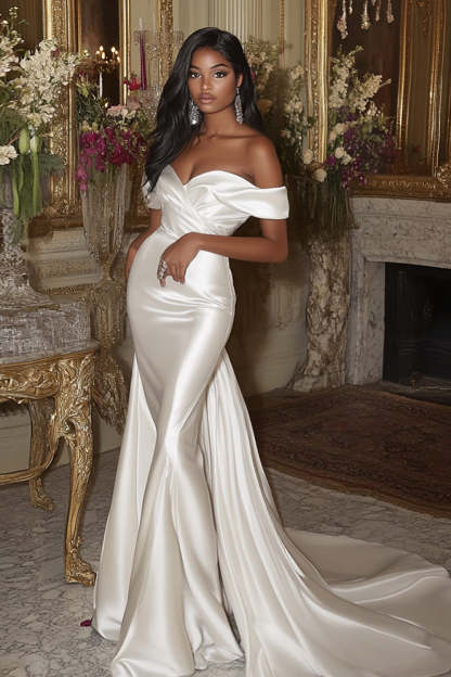 Leely Women White Satin Mermaid Wedding Dress Off the Shoulder Detachable Sweep Train Bridal Dress