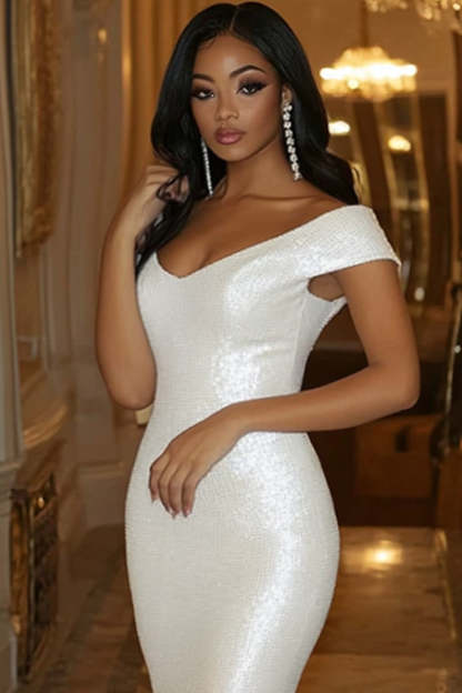 Glitter White Sequins Mermaid Sweep Train Wedding Dress