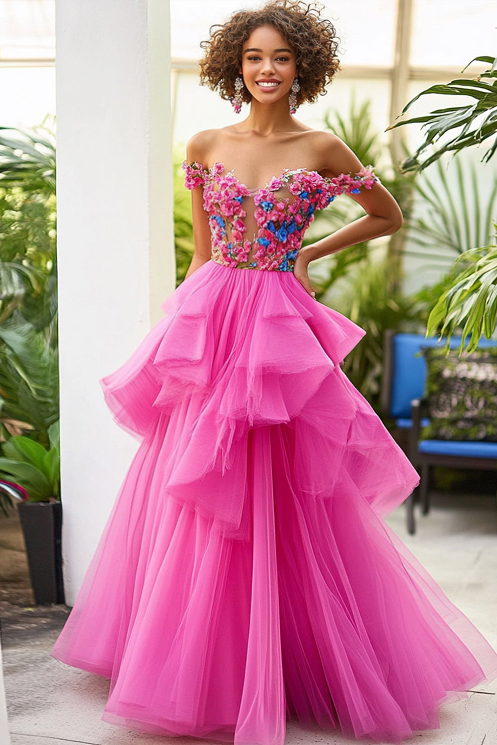 Leely Women Fuchsia A Line Ruffled Formal Dress with Flowers Off the Shoulder Tulle Applique Long Prom Dress