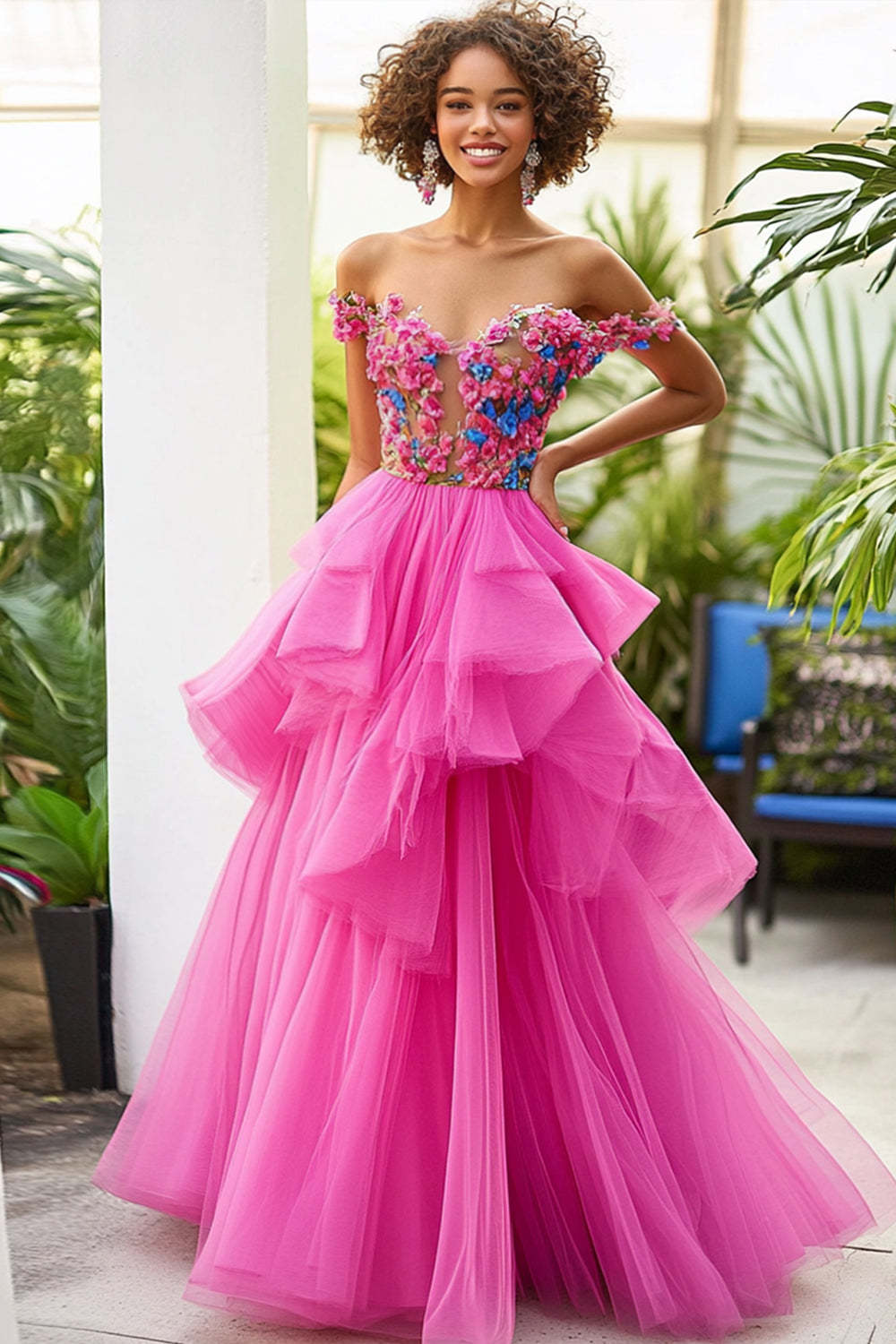 Leely Women Fuchsia A Line Ruffled Formal Dress with Flowers Off the Shoulder Tulle Applique Long Prom Dress